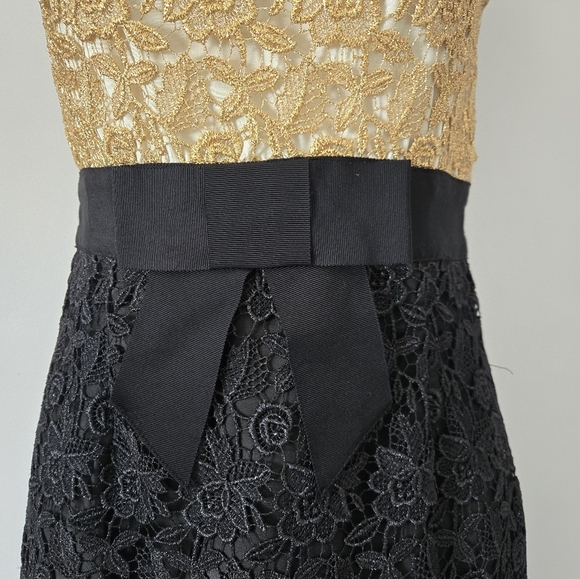 MILLY OF NEW YORK Gold and Black Lace Midi Dress with Waist Bow. Size 4 - Picture 4 of 16